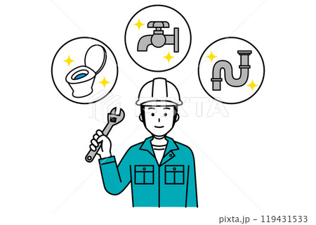 水回りのトラブルを解決する作業員の男性 水回りのトラブルを解決する作業員の男性 119431533