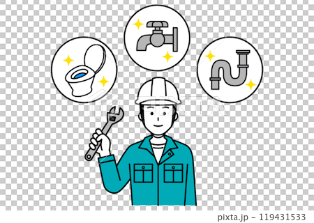 水回りのトラブルを解決する作業員の男性 水回りのトラブルを解決する作業員の男性 119431533