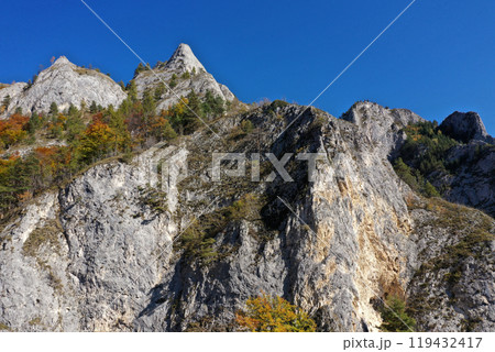 Aerial view of rocky limestone mountains and autumn forest 119432417