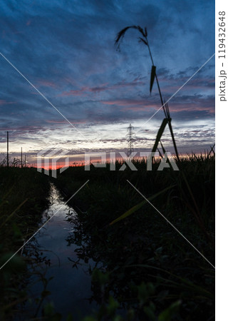 【庄内の風景】夕日_夕焼け空と鉄塔 119432648