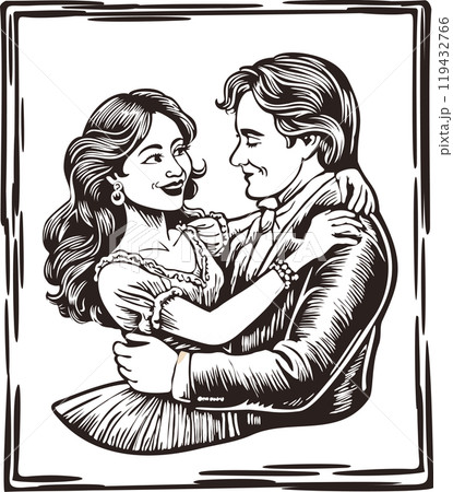 Brazilian northeast cordel illustration. Wedding. Couple hugging. Vector illustration in woodcut style 119432766