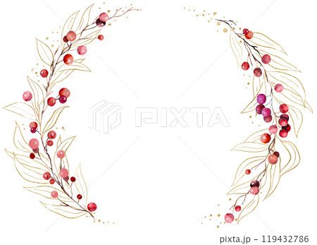 Christmas frame with watercolor twigs with red berries and golden leaves. Holidays Illustration 119432786