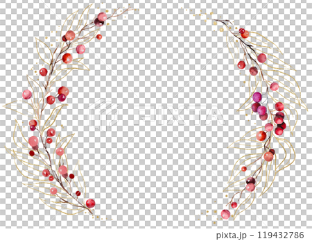 Christmas frame with watercolor twigs with red berries and golden leaves. Holidays Illustration Christmas frame with watercolor twigs with red berries and golden leaves. Holidays Illustration 119432786