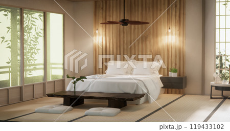 Bedroom japanese minimal style.,Modern white wall and wooden floor, room minimalist. 3D rendering 119433102