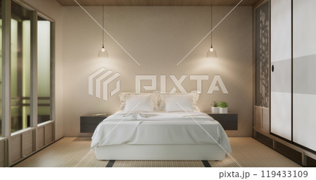 Bedroom japanese minimal style.,Modern white wall and wooden floor, room minimalist. 3D rendering 119433109