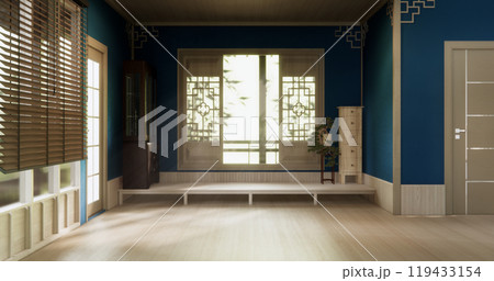 Blue color wall on Empty room japanese traditional style interior.3D rendering Blue color wall on Empty room japanese traditional style interior.3D rendering 119433154