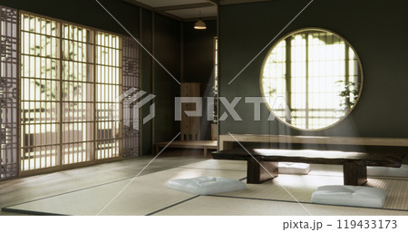 Green dark wall empty room, Modern japanese tatami mat floor, room japanese traditional style. 3D rendering 119433173