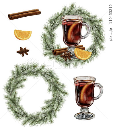 A glass of mulled wine with cinnamon and orange against the background of a spruce wreath A glass of mulled wine with cinnamon and orange against the background of a spruce wreath 119433219