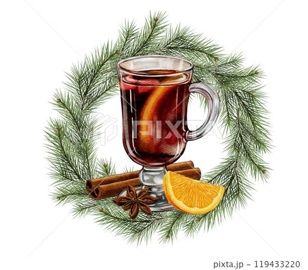 A glass of mulled wine with cinnamon and orange against the background of a spruce wreath A glass of mulled wine with cinnamon and orange against the background of a spruce wreath 119433220
