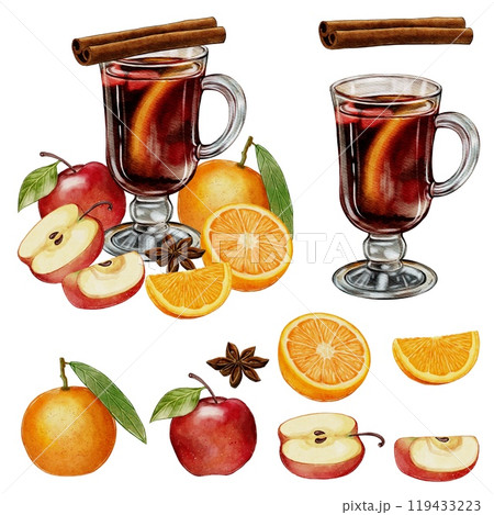 Set of Grintwein, a warm wine drink with cinnamon, star anise, apples and orange 119433223