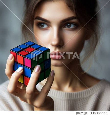 ルービックキューブを持ち遠くをみつめる女性 119433332