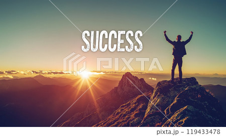 A powerful image of a man standing victoriously on a mountain top at sunset, arms raised in celebration. The word "SUCCESS" is boldly displayed above him. Generative AI A powerful image of a man standing victoriously on a mountain top at sunset, arms raised in celebration. The word "SUCCESS" is boldly displayed above him. Generative AI 119433478