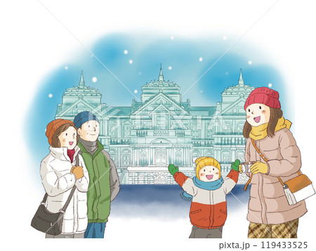 雪祭りの雪像を見上げる人達　 119433525