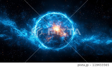 A striking image of a large neon blue orb radiating powerful plasma energy. Generative AI 119433565