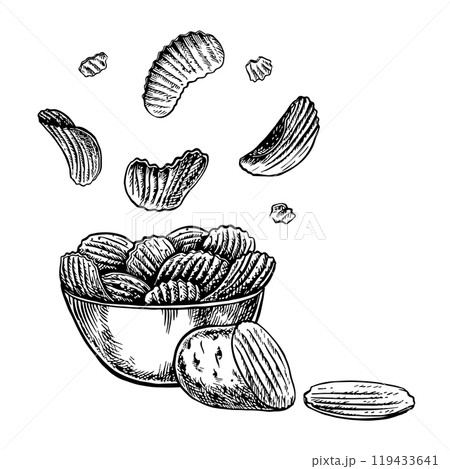 Potato chips in a bowl. Vector graphics depicting chips with a corrugated surface falling into a bowl. Black and white hand-drawn illustration. On a white background. Great for labels, banners, poster Potato chips in a bowl. Vector graphics depicting chips with a corrugated surface falling into a bowl. Black and white hand-drawn illustration. On a white background. Great for labels, banners, poster 119433641