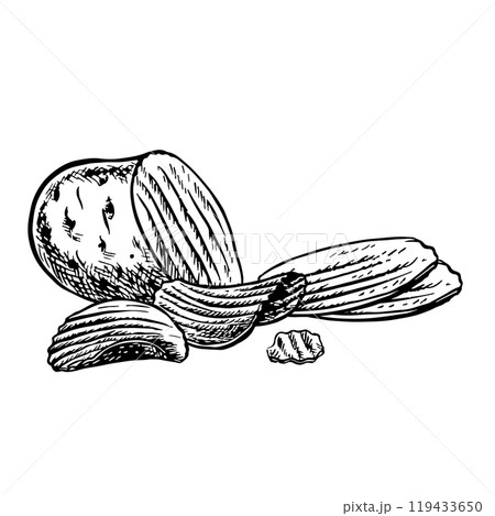 Potato chips. Vector graphics with images of sliced potatoes and fluted chips. Black and white hand-drawn illustration. On a white background. Great for labels, banners, posters and packages. 119433650