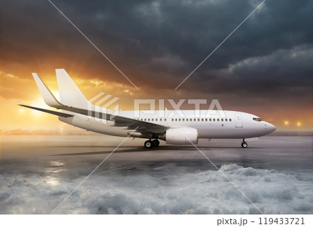 White aircraft in airport at non-flying weather. Winter snow storm. 119433721