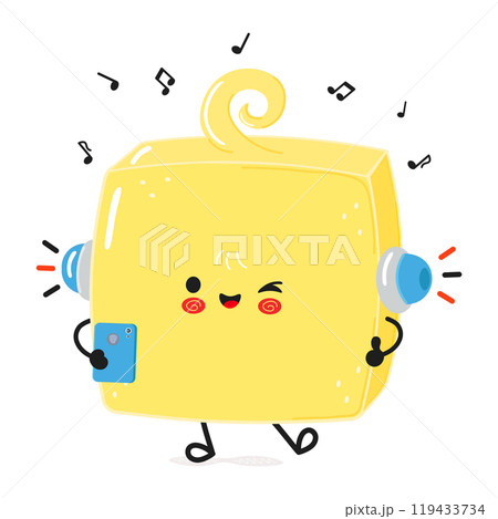 Butter listens to music on headphones with a smartphone. Vector hand drawn cartoon kawaii character illustration icon. Isolated on white background. Butter character concept 119433734