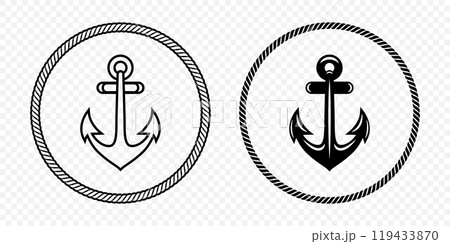 Anchor Icon Set. Flat Monochrome Anchor Shapes in Circular Rope Frame. Nautical Anchor Symbols, Marine Rope Border Design. Vector Illustration Anchor Icon Set. Flat Monochrome Anchor Shapes in Circular Rope Frame. Nautical Anchor Symbols, Marine Rope Border Design. Vector Illustration 119433870