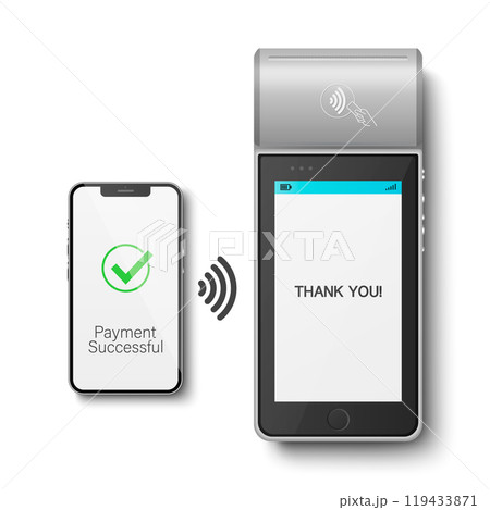 Vector 3D Realistic Grey NFC Payment Terminal and Smartphone Closeup. Successful Payment, Transaction. Payment Machine, Approved Status. Design Template, Bank Payment Contactless Terminal Vector 3D Realistic Grey NFC Payment Terminal and Smartphone Closeup. Successful Payment, Transaction. Payment Machine, Approved Status. Design Template, Bank Payment Contactless Terminal 119433871