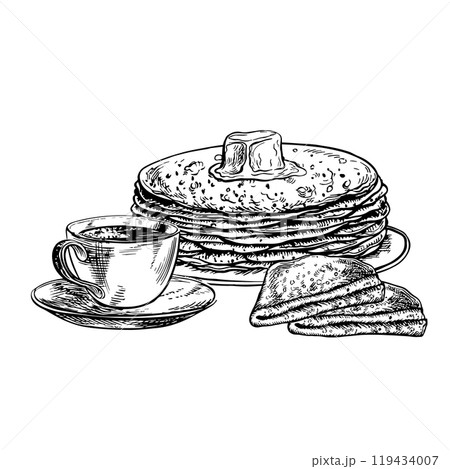 Pancakes and a cup of tea. Vector graphic drawing of breakfast. Black and white hand-drawn illustration of food. On a white background. Great for menus, posters, labels, cooking recipes and invitation 119434007