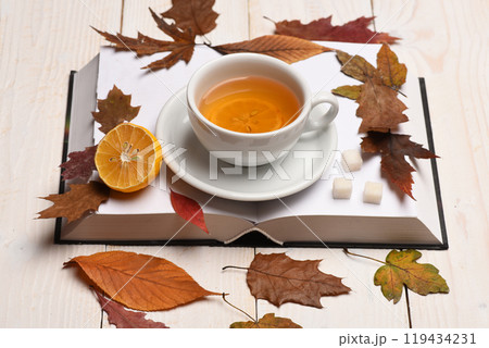 Cup of green tea with slice of lemon. Tea cup Cup of green tea with slice of lemon. Tea cup 119434231