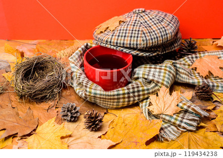 Mug cozy aromatic tea beverage scarf and hat. Hot drink for autumnal walk. Warming beverage. Mug of tea covered surrounded by scarf autumnal background with fallen maple leaves and fir cones 119434238