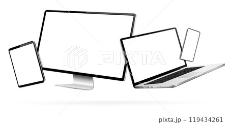 Computer monitor, laptop, tablet pc and mobile phone while levitating in the air on a white background Computer monitor, laptop, tablet pc and mobile phone while levitating in the air on a white background 119434261