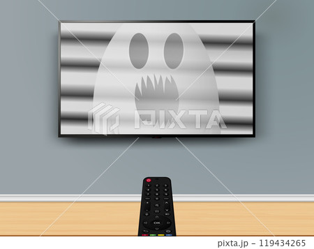 Watching TV with Horror scary movie. Remote control is pointed at the TV on the wall with ghost in screen. Watching TV with Horror scary movie. Remote control is pointed at the TV on the wall with ghost in screen. 119434265