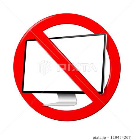 No computer sign. Not use monitor prohibited sign on white background. No computer sign. Not use monitor prohibited sign on white background. 119434267