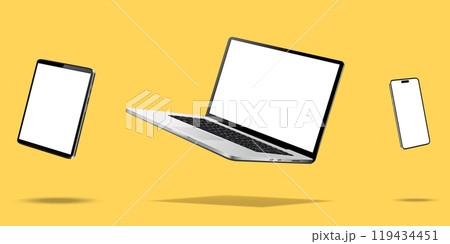Laptop computer, smartphone and tablet while levitating in the air on a yellow background 119434451