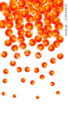 Vitamin E round capsules scattered randomly. Vitamin E round capsules scattered randomly. 119434670