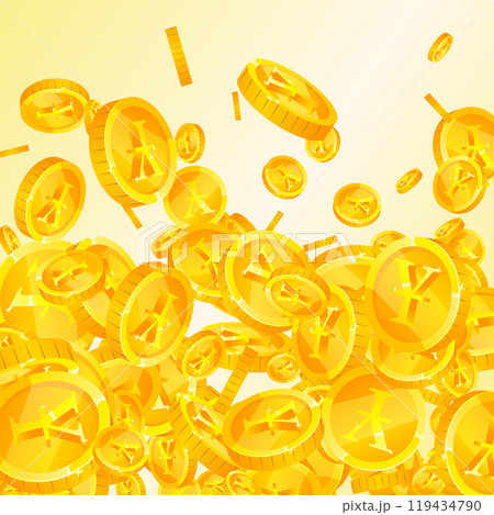 Japanese yen coins falling. Scattered gold JPY Japanese yen coins falling. Scattered gold JPY 119434790