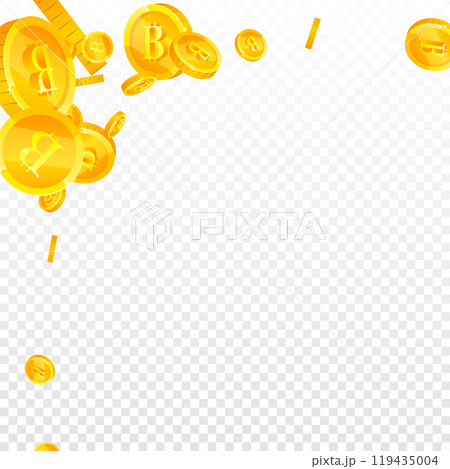 Bitcoin coins falling. Cryptocurrency scattered 119435004