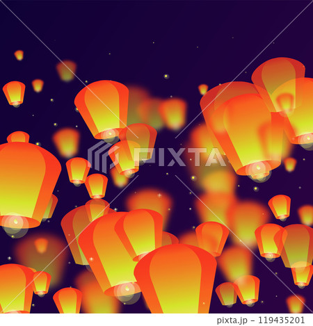 Sky lanterns floating in the night sky. 119435201