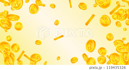 Chinese yuan coins falling. Scattered gold CNY Chinese yuan coins falling. Scattered gold CNY 119435326