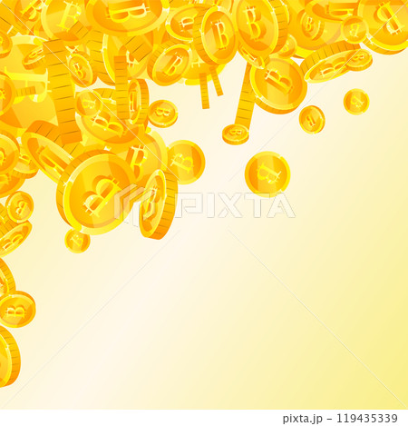 Bitcoin coins falling. Cryptocurrency scattered 119435339