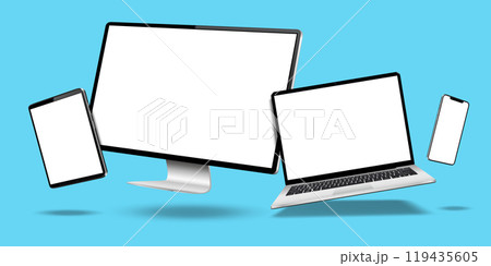 Modern desktop computer, laptop, and tablet mockup with white blank screens. Digital devices levitation on blue background. 119435605