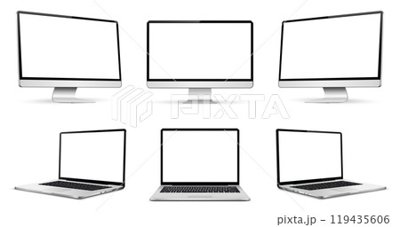 Three monitor and laptop with blank screen, realistic isolated devices. Three monitor and laptop with blank screen, realistic isolated devices. 119435606