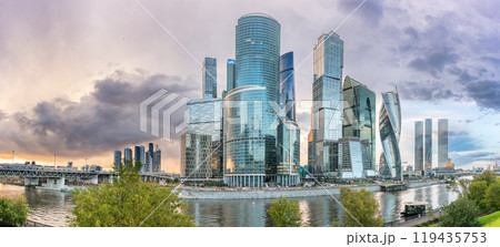 High buildings of Moscow-City at Moskva River at summer sunset, Russia. 119435753