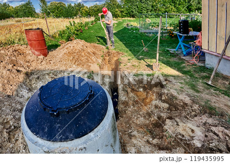 Installation of an absorbent trench for wastewater disposal area when installing an autonomous sewage system with septic tank in rural areas. Installation of an absorbent trench for wastewater disposal area when installing an autonomous sewage system with septic tank in rural areas. 119435995