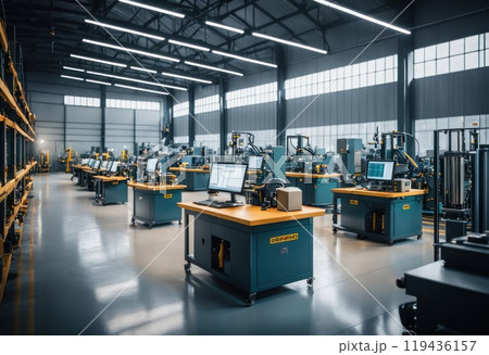 Metalworking, equipment, machining, industrial, technology, manufacturing concept. Automatic cnc machines working with metal workpiece at factory. Factory workshop interior and machines. AI 119436157