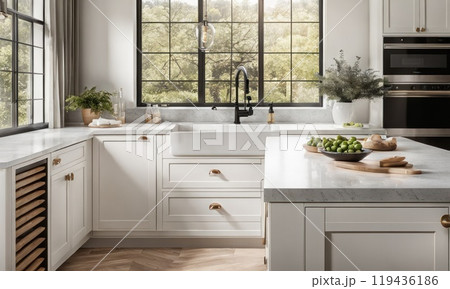 Monochromatic kitchen with crisp white walls and cabinets. White quartz countertops, garden view from window. AI 119436186