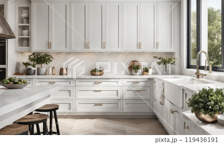 Monochromatic kitchen with crisp white walls and cabinets. White quartz countertops, garden view from window. AI 119436191