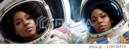 Afro woman astronaut in a space suit aboard the orbital station. A young female cosmonaut pilots a spaceship. Galactic travel and science concept. Banner. AI 119436434