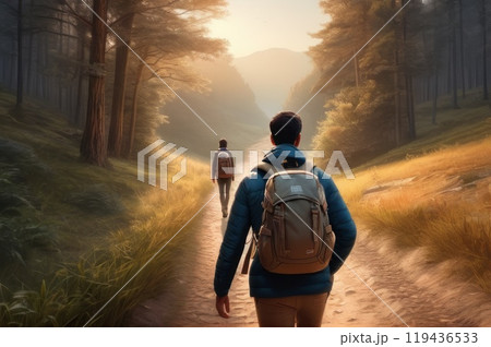 Two tourists a man and a woman walk along the road uphill, a guy and a girl went hiking in the autumn with backpacks on their backs, a view from behind at the tourists in the forest. AI Two tourists a man and a woman walk along the road uphill, a guy and a girl went hiking in the autumn with backpacks on their backs, a view from behind at the tourists in the forest. AI 119436533