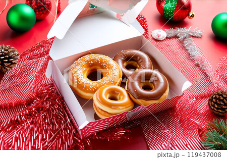 Donuts in a box Christmas. Delicious edible gift for Christmas: donut glazed on the holiday table Donuts in a box Christmas. Delicious edible gift for Christmas: donut glazed on the holiday table 119437008