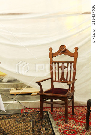 Antique Wooden Chair on White Background with Space for Text. Antique atmosphere Antique Wooden Chair on White Background with Space for Text. Antique atmosphere 119437036