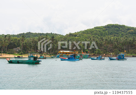Vietnamese fishing boats on the background of a tropical island Vietnamese fishing boats on the background of a tropical island 119437555