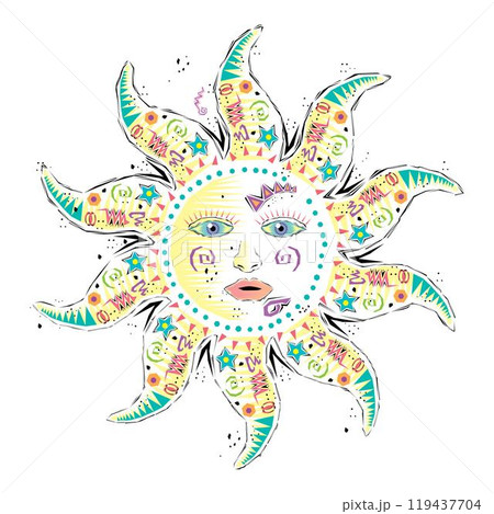 Decorative sun and moon with antropomorphic face hand drawn isolated vector illustration Decorative sun and moon with antropomorphic face hand drawn isolated vector illustration 119437704